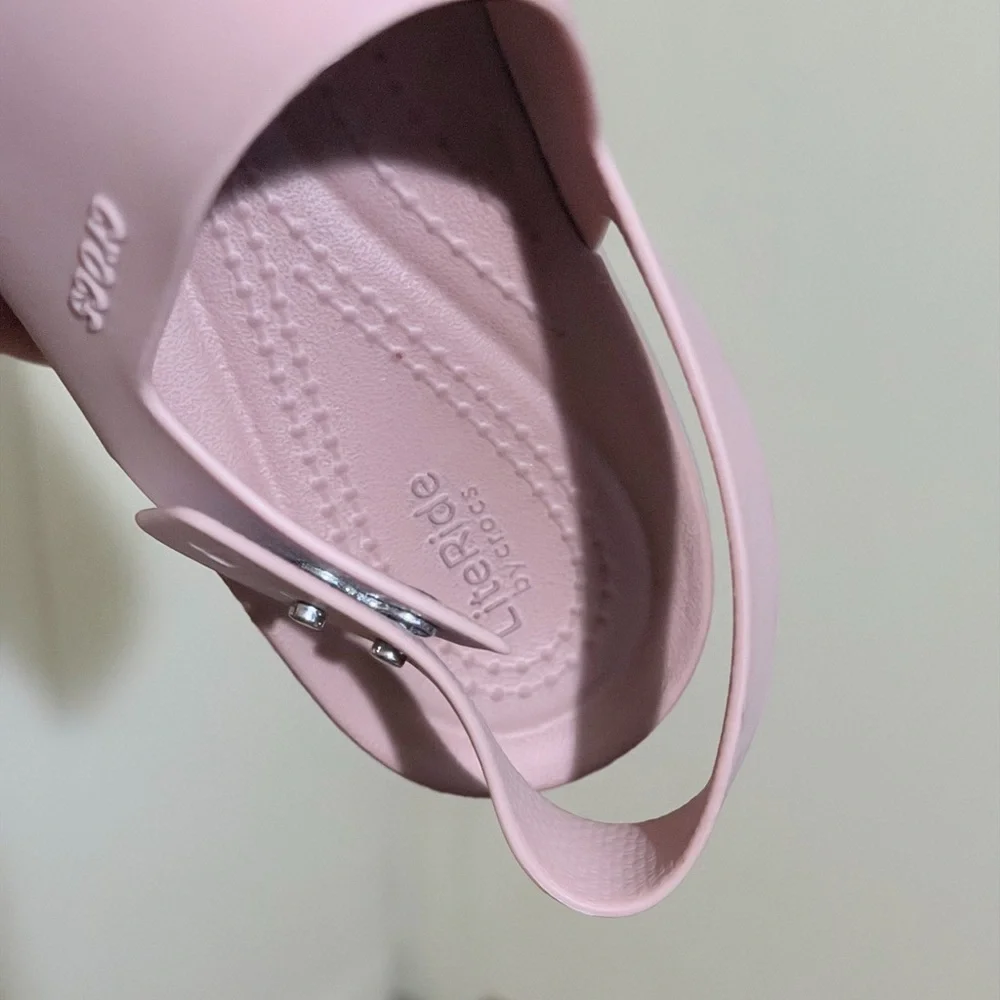 CROCS Pink Platform Slide Sandals with Gray Sole, - Picture 8 of 9